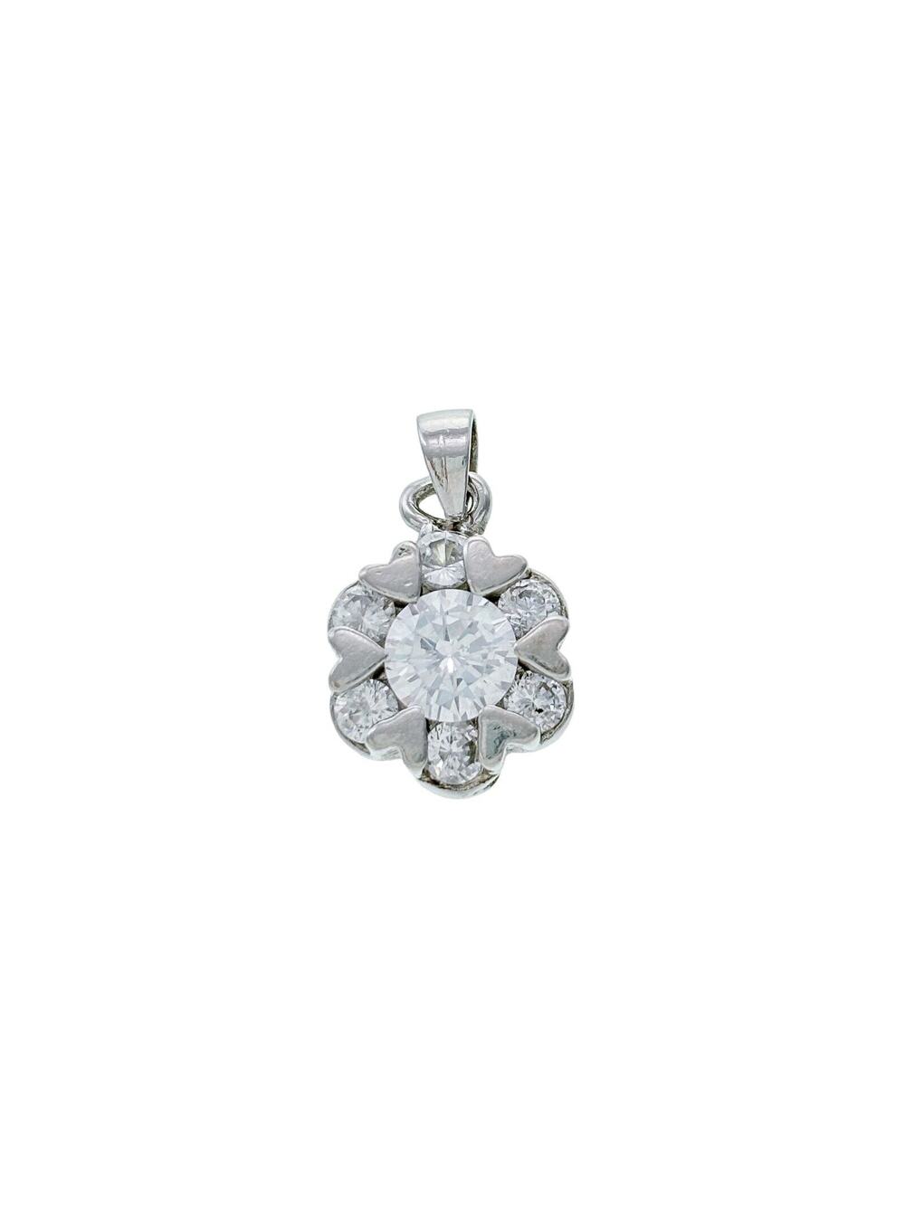Sterling Silver 925 Cubic Zirconia Flower with Heart Accent Pendant